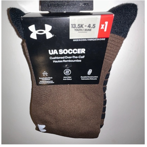 Under Armour UA OTC Soccer Socks 1 Pair Youth 13.5K-4.5 Brown w White Logo Kids - Picture 9 of 9